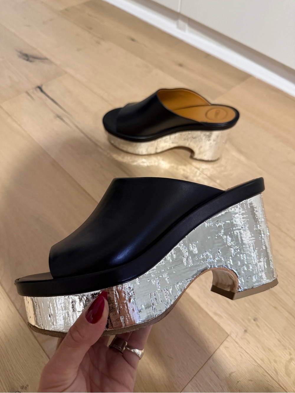Chloé Black Leather Mules with Silver Textured Platform